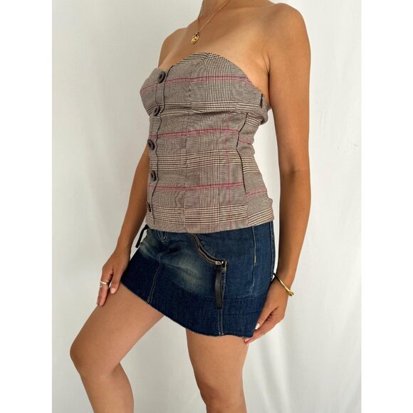 y2k vintage GUESS jeans preppy brown plaid button up strapless tube crop top - Picture 2 of 9